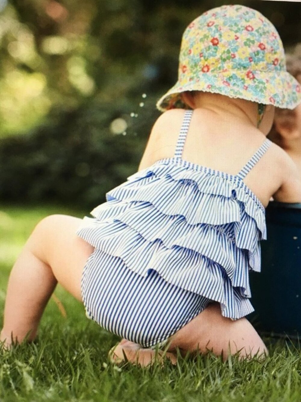 MINI BODEN Girls Blue & White Striped Ruffle One Piece Swimsuit 12-18M Seersucke